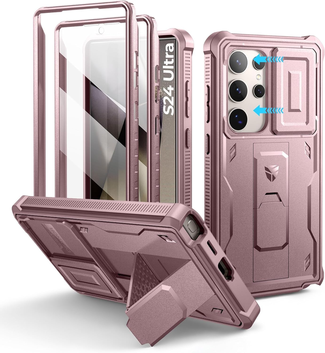 Samsung Galaxy S24 Ultra Heavy-Duty Rugged Case with Built-In Slide Camera Cover, Screen Protector, and Kickstand - Black