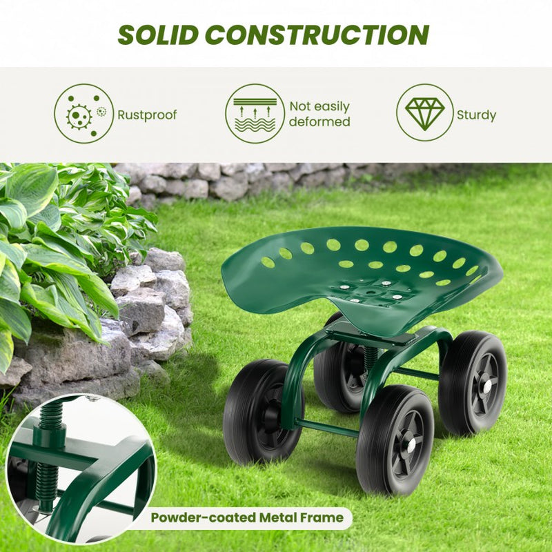 Garden Rolling Work Seat with 360° Swivel and Adjustable Height