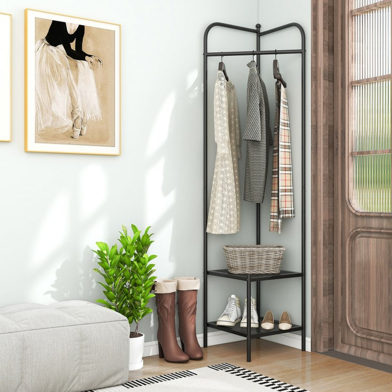 Corner Coat Rack with Top Hanger and Dual Mesh Shelves for Entryway, Hallway, Living Room, and Bedroom