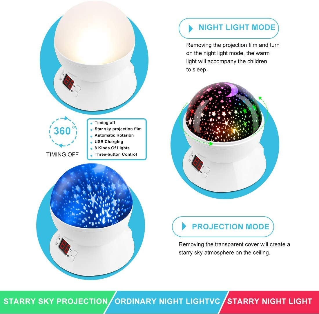 Star Projector Night Light with Timer for Children, Ages 1-14, Glow-in-the-Dark Stars and Moon for Peaceful Sleep - White