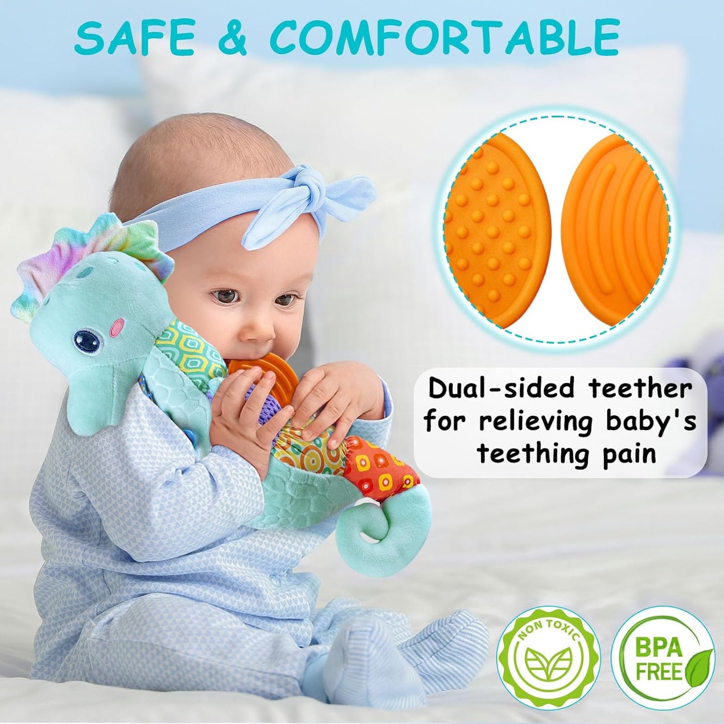 Infant Musical Stuffed Animal Toy - Soft Multi-Textured Rattle - Crinkle Sound, Babies 0-12 Months (Blue)