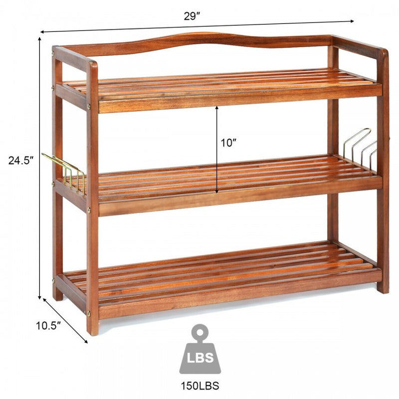 Acacia Wood Shoe Rack with 2-Tier, 3-Tier, and 5-Tier Options and Side Metal Hooks