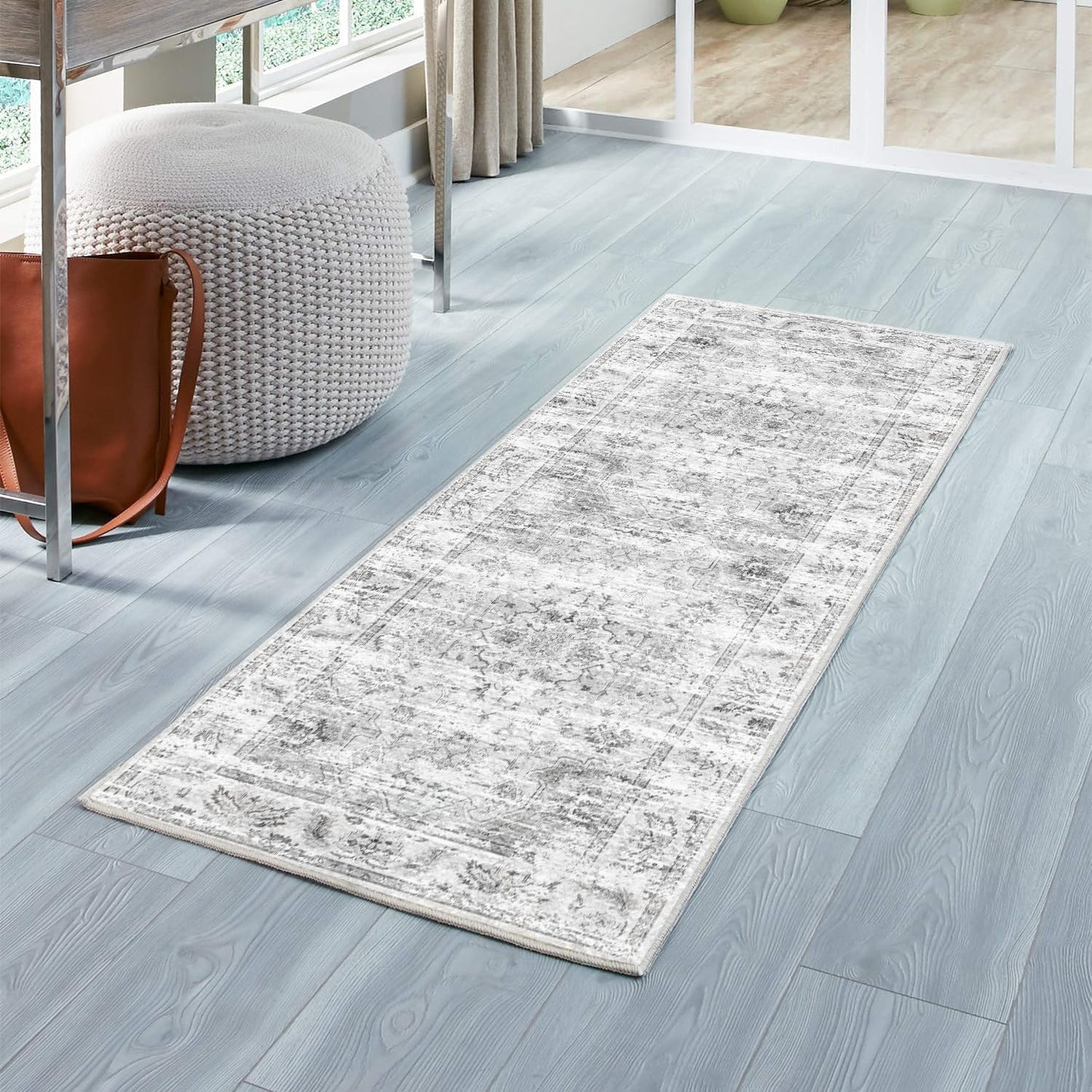Boho Non-Slip Washable Runner Rug for Hallway and Kitchen, 2x5 Ft Light Grey Area Mat for Bedroom, Bath, Laundry, and Entryway