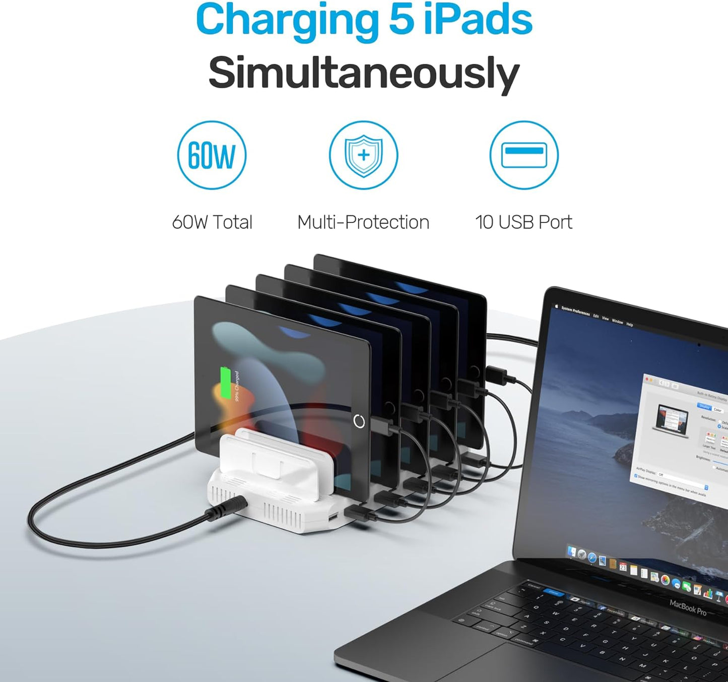 10-Port USB Charging Station with Smartic Technology and Adjustable Dividers for iPad, Tablet, Kindle, and iPhone