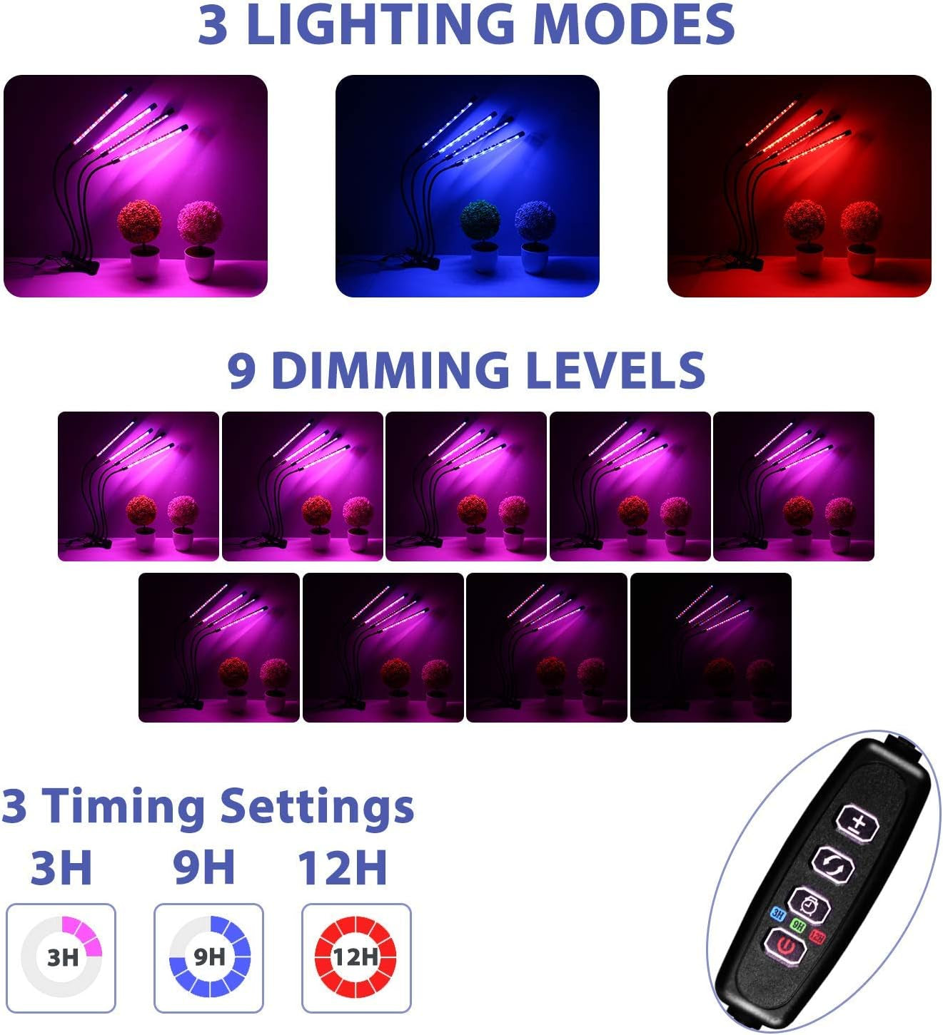 Full Spectrum Indoor Plant Grow Lights with Auto On/Off Timer, Dimmer, Adjustable Gooseneck, and Multiple Switch Modes for Greenhouse, Home, and Office Use