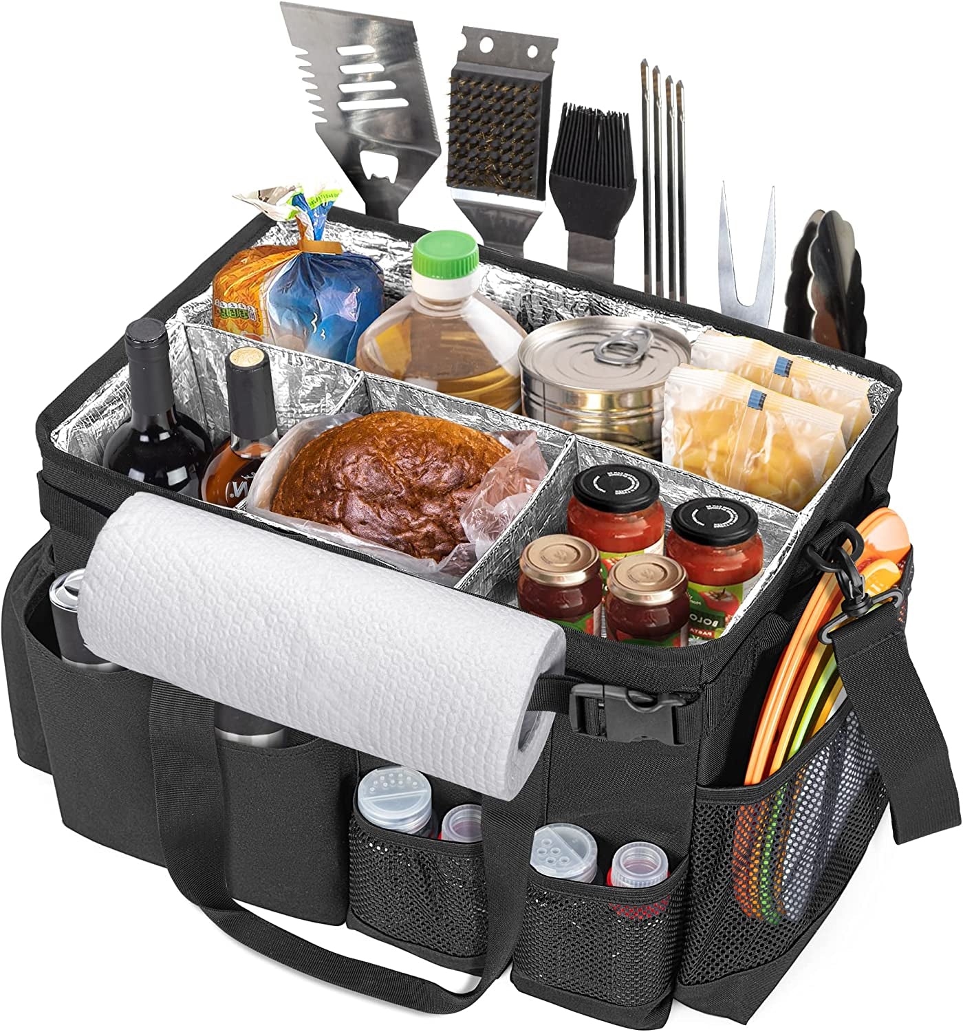 Large Grill Utensil Caddy with Paper Towel Holder - Collapsible Picnic Bag Organizer for BBQ Supplies, Black (Bag Only)