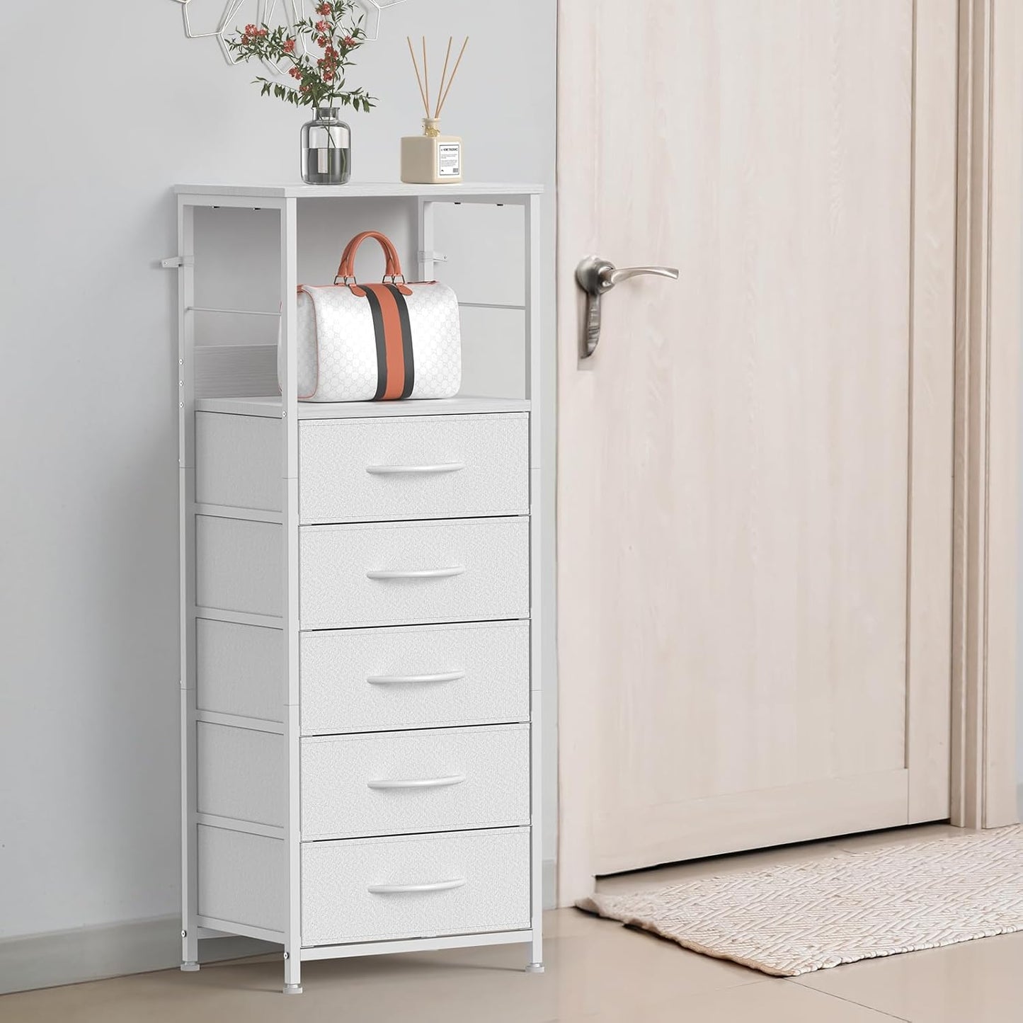 5-Drawer White Dresser, Clothes Organizer Storage Unit Chest of Drawers with Sturdy Frame & Easy Pull Handle, Tall Fabric Dresser for Bedroom, Living Room, Closet, Entryway, Nursery