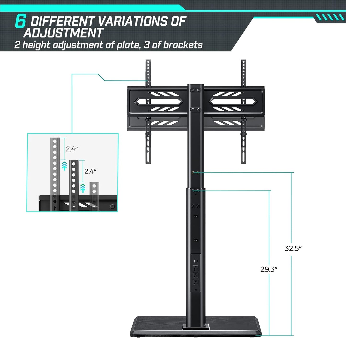 Height Adjustable Swivel TV Stand - Power Outlet for 32-70 Inch TVs, Wood Base, Supports up to 110 lbs, VESA 600x400mm, Black