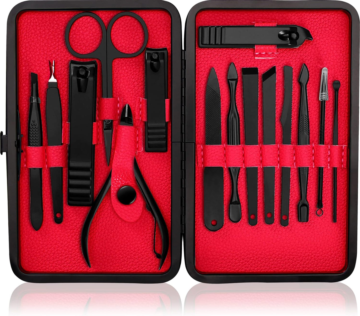 15-in-1 Professional Stainless Steel Manicure and Pedicure Set - Portable Grooming Kit Nail Care (Black)
