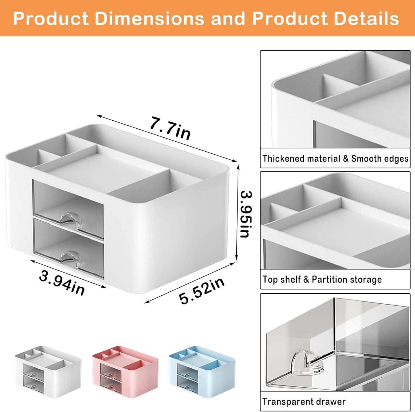 4-Section Drawer Organizer with Dual Pen Holders for Desktop Storage - Versatile Plastic Makeup and Desk Organizer for Home, School, and Office Supplies (White)