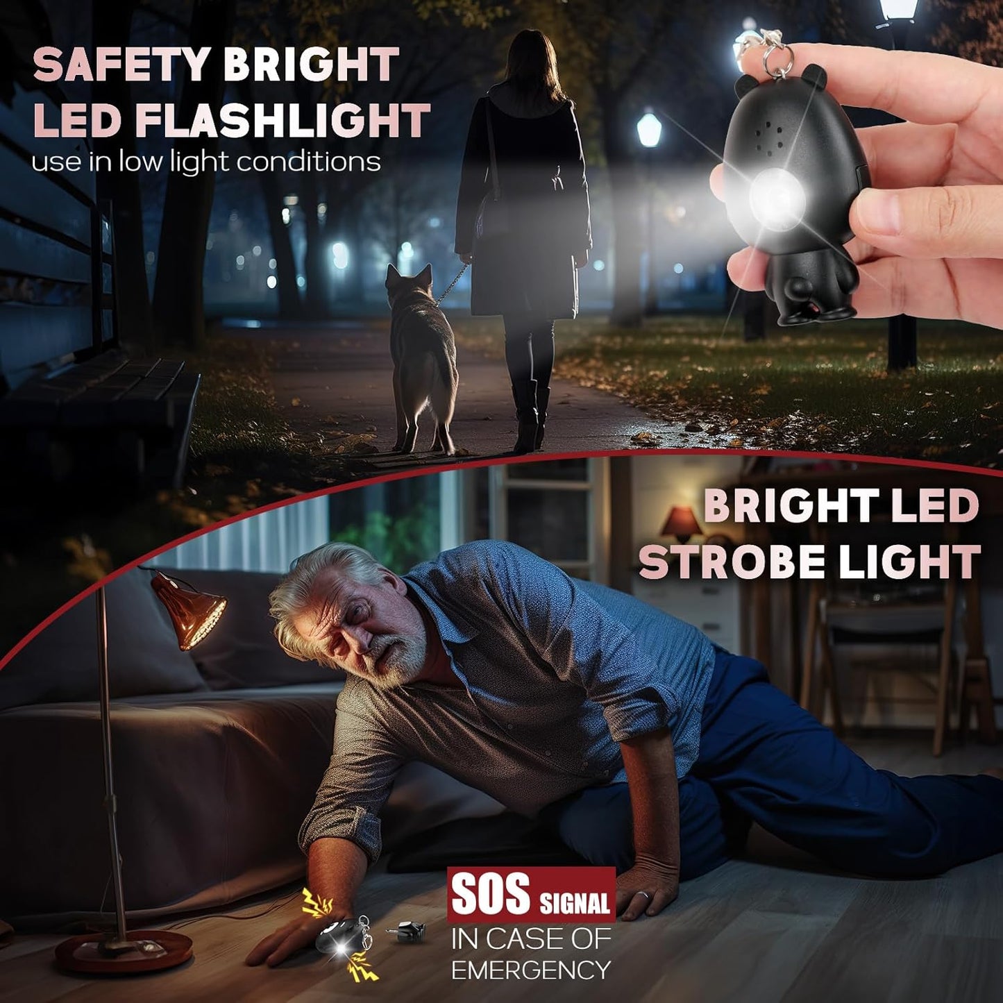 Personal Safety Alarm -Women, Children, Seniors - 130dB Siren Strobe Light, Rechargeable, Low Battery Alert - Keychain Design (Black)