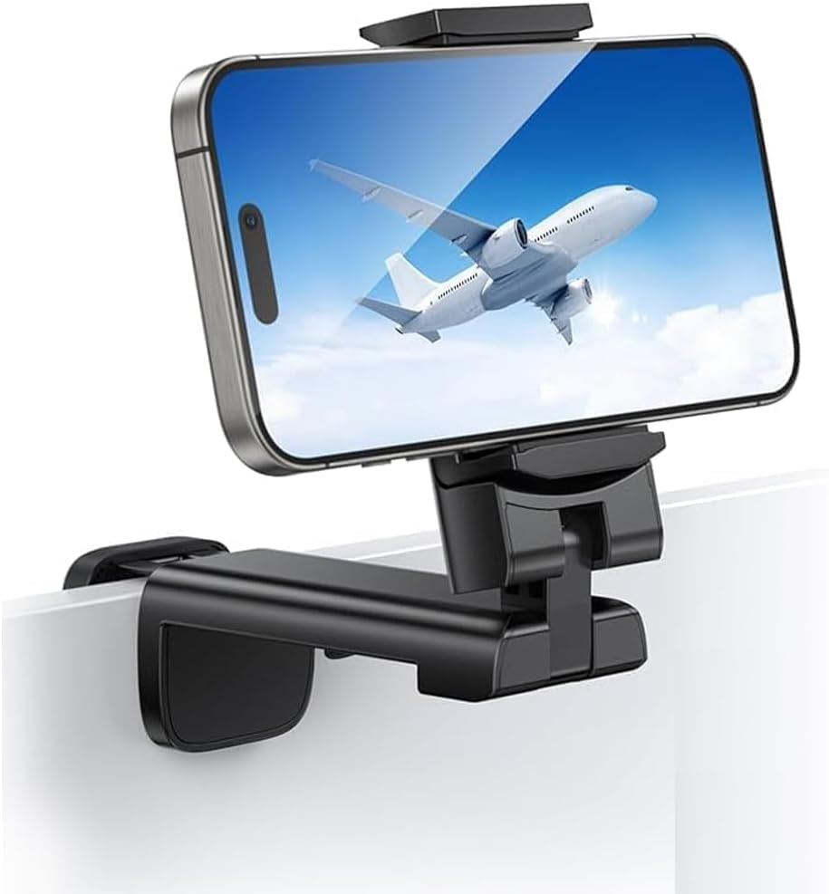 Universal Airplane Cell Phone Holder - Hands-Free In-Flight Mount Clip, Portable and Foldable Travel Accessory for Airplane Tray Table