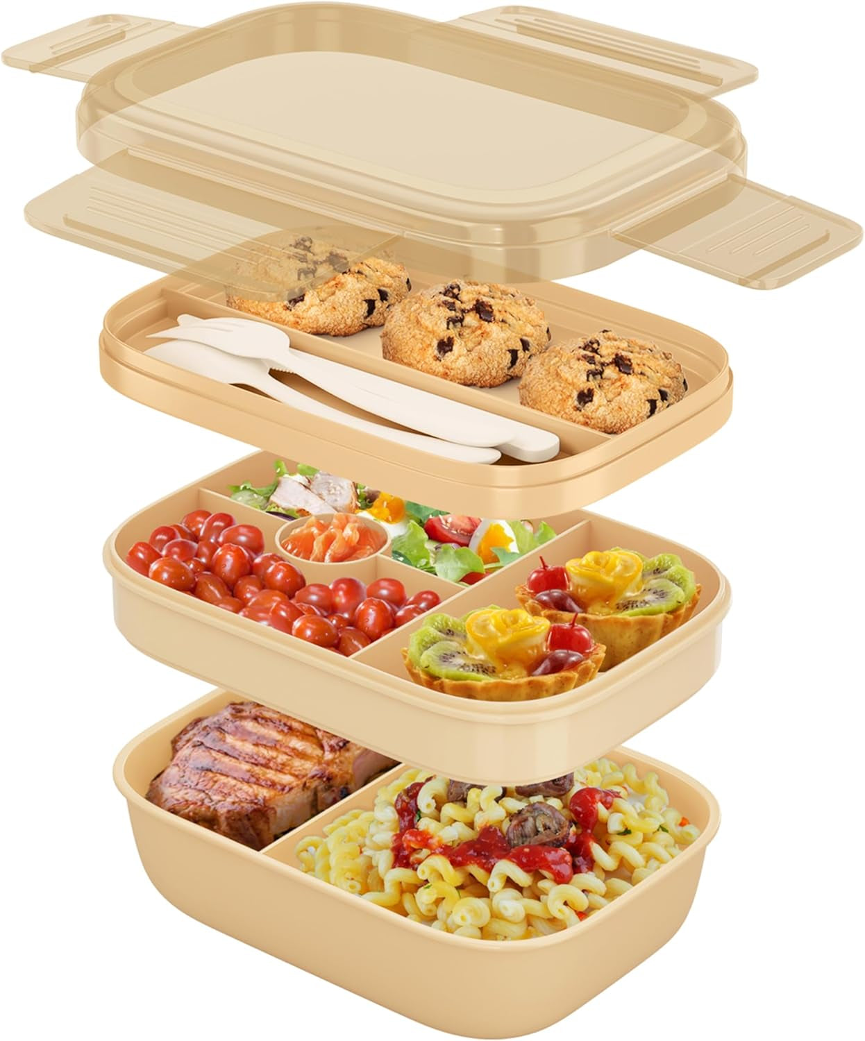 Stackable 3-Layer Bento Box Lunch Container for Adults and Kids, 1.9L Food Storage with Cutlery, 8.5" x 5.7" x 3.9" (Grey)