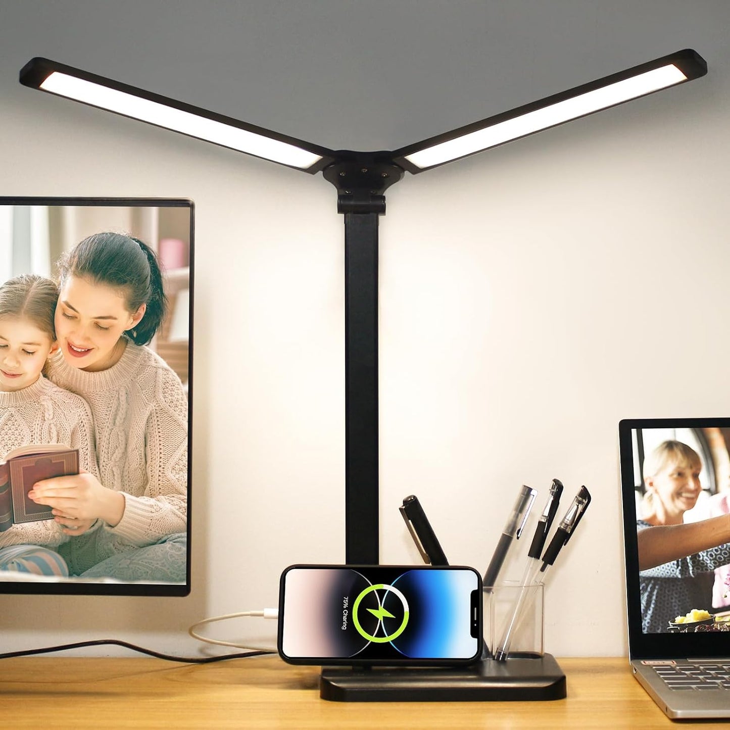 LED Desk Lamp with Touch Control, 5 Color Modes, Adjustable Brightness, Dual Swing Arm, USB Charging Port, Foldable Design, Auto Time, 5W