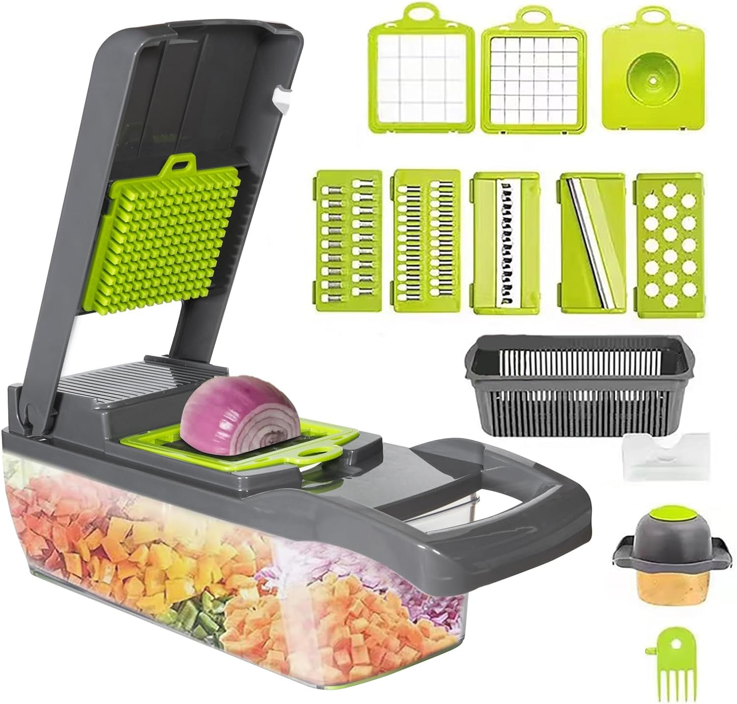 Multifunctional 13-in-1 Vegetable Chopper and Slicer with Container, 8 Interchangeable Blades, Hand Protector, Drain Strainer, and Cleaning Brush