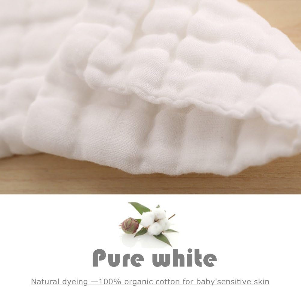 Baby Muslin Washcloths - Natural Muslin Cotton Baby Wipes - Sensitive Skin- 10 Pack 12X12 Inches (White)