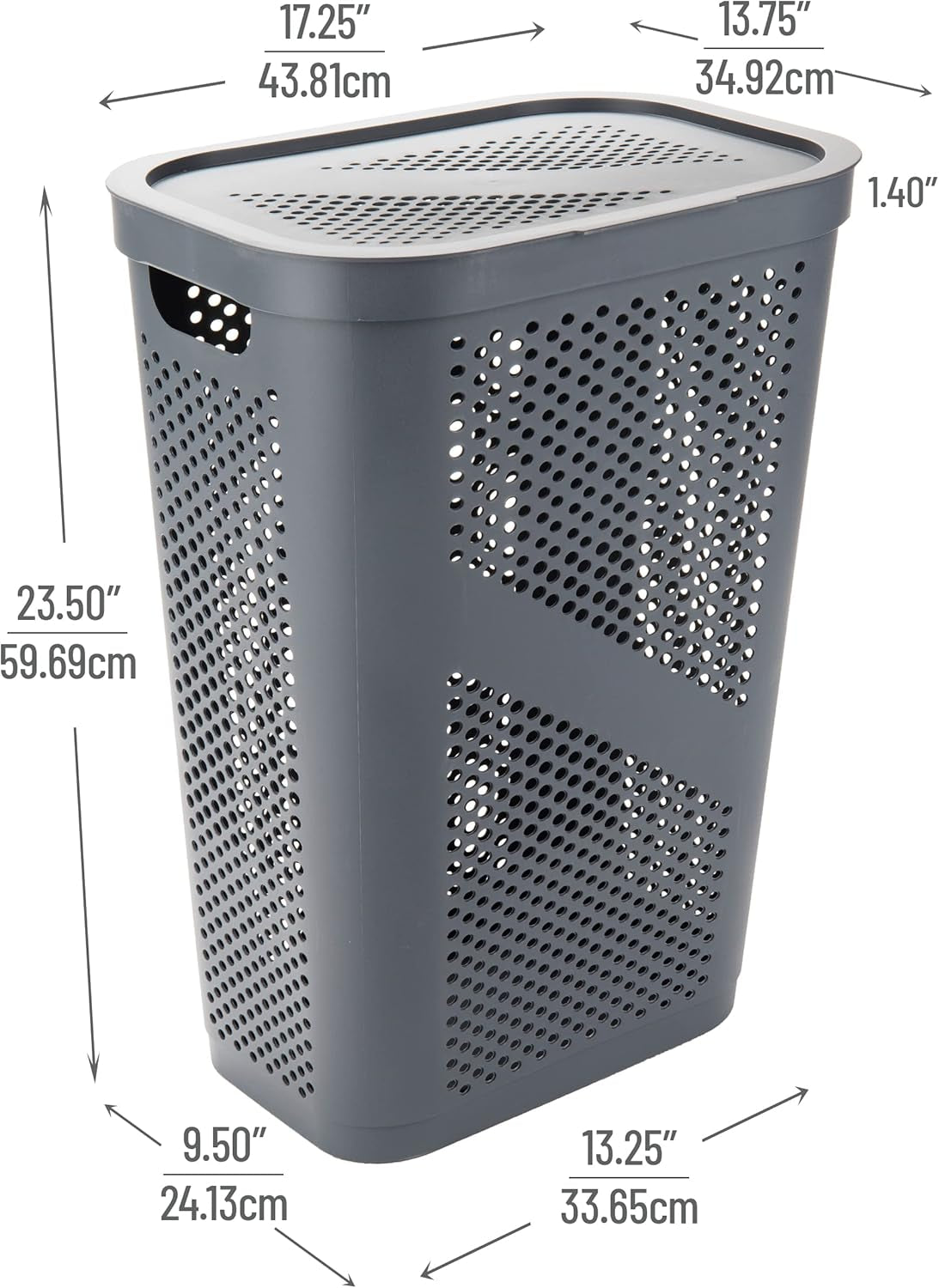 Basket Collection, Slim Laundry Hamper, 60 Liter (15G/33Lbs) Capacity, Cut Out Handles, Attached Hinged Lid, Ventilated, Gray