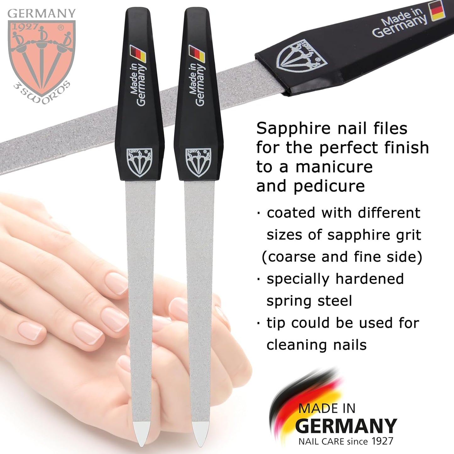 Premium Double-Sided Sapphire Nail File Set (2 Pieces) with 3-Way Nail Buffer (1 Piece) for Professional Manicure and Pedicure Care by 3 Swords, Made in Solingen