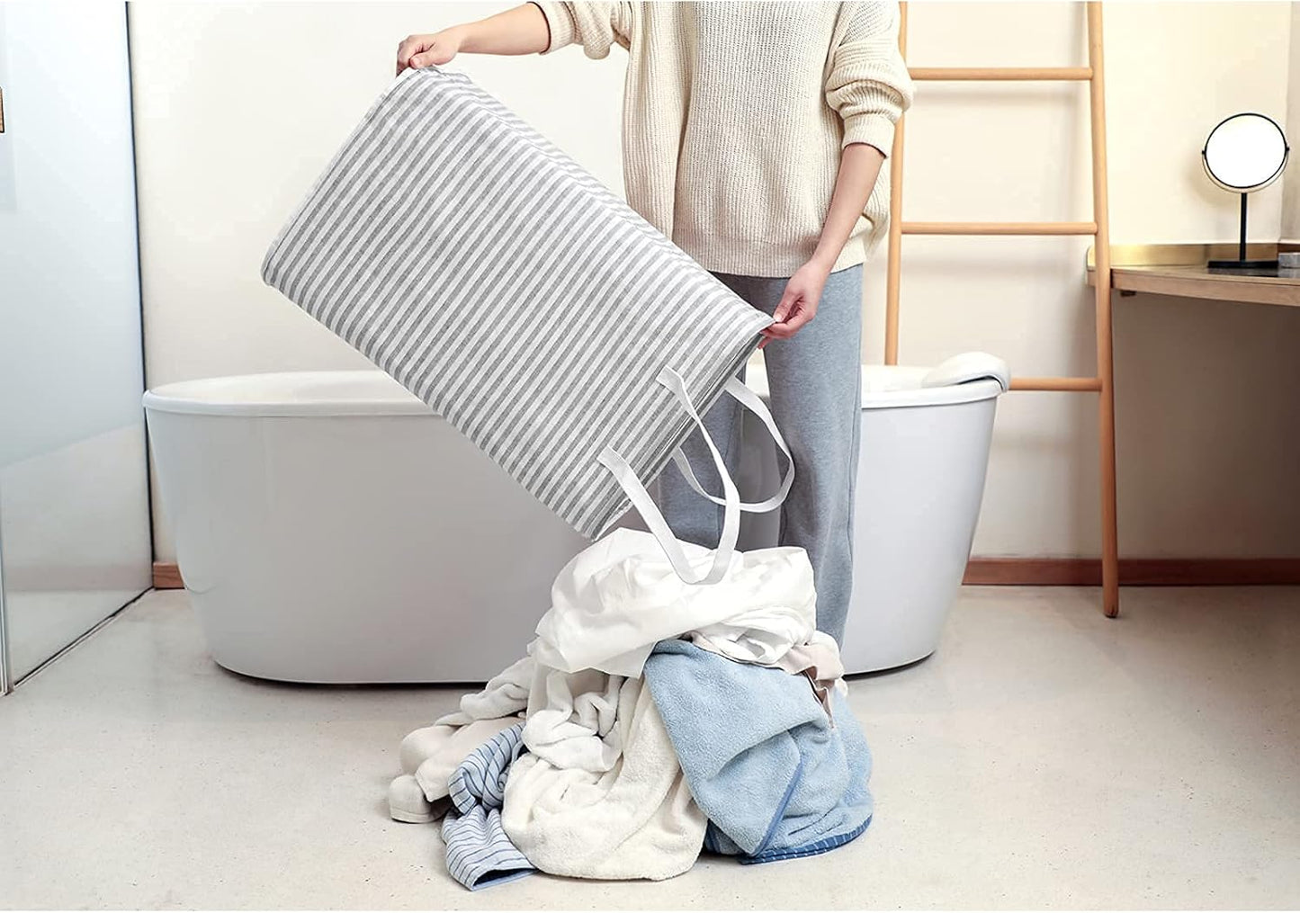80L Freestanding Laundry Hamper with Handle, Collapsible Large Cotton Storage Basket for Clothes (Grey)
