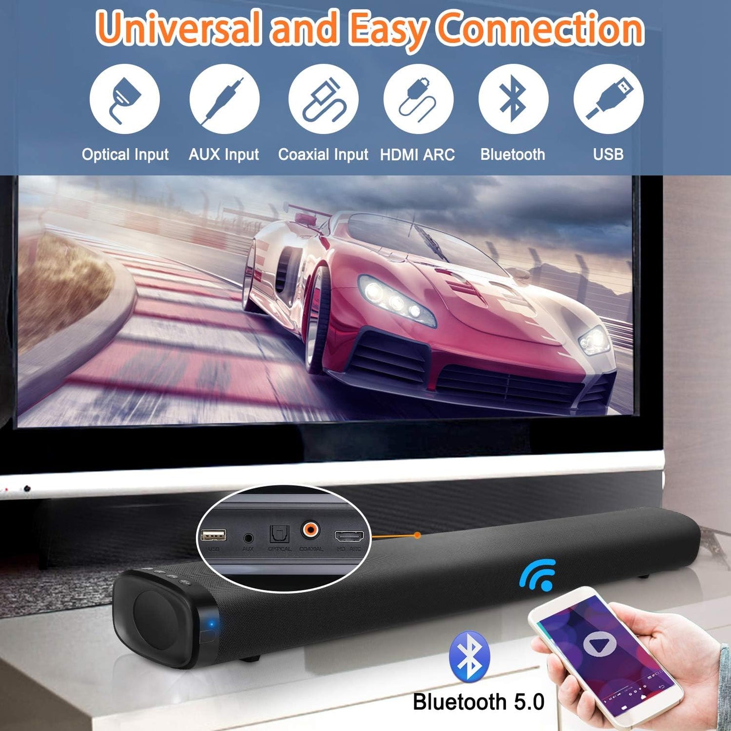36-Inch 2.1 Channel Sound Bar with Built-In Subwoofer, 120W Surround Sound, Bluetooth 5.0, and Multiple Connectivity Options