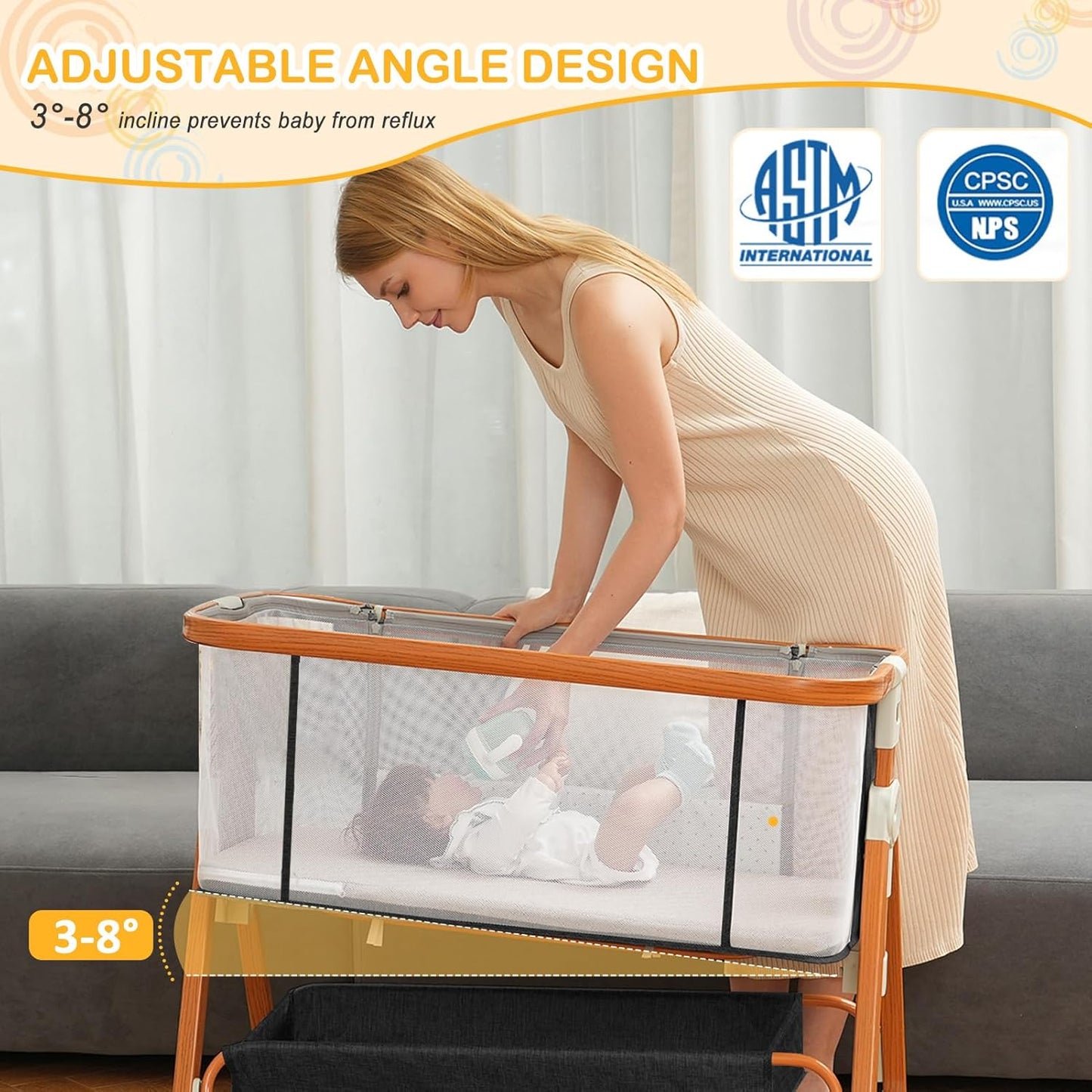 3-in-1 Adjustable Height Baby Bassinet - Musical Toy, Wheels, Storage Basket - 4-Sided Mesh Bedside Sleepe, Newborns (0-6 Months) Black