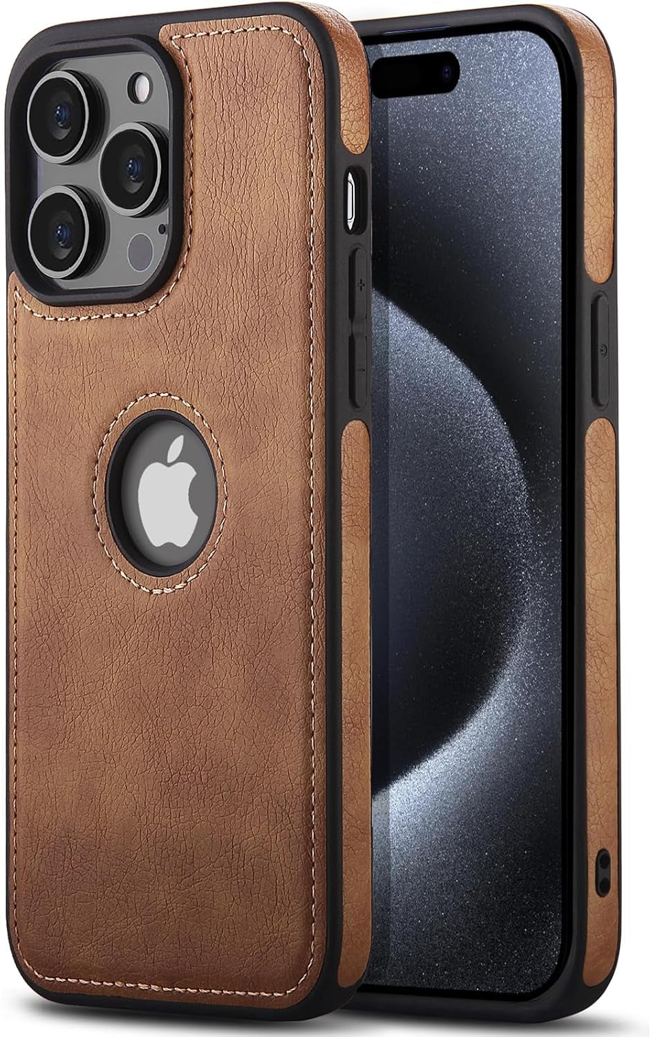 Premium Leather and TPU Hybrid Case Cover for iPhone 15 Pro Max - Brown