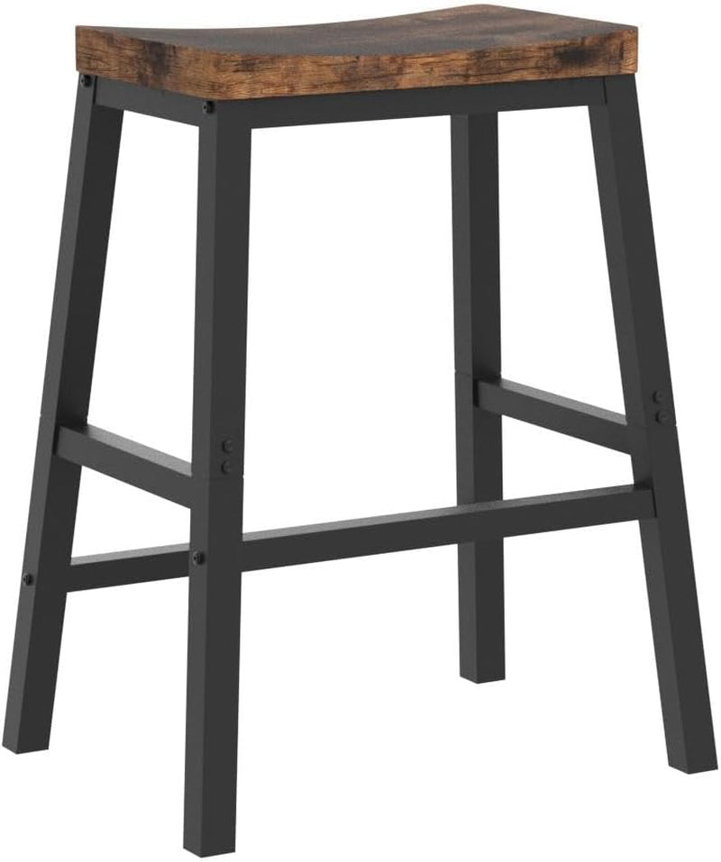 Set of 2 Industrial Saddle Bar Stools with Footrests in Rustic Brown and Black for Dining Room and Kitchen