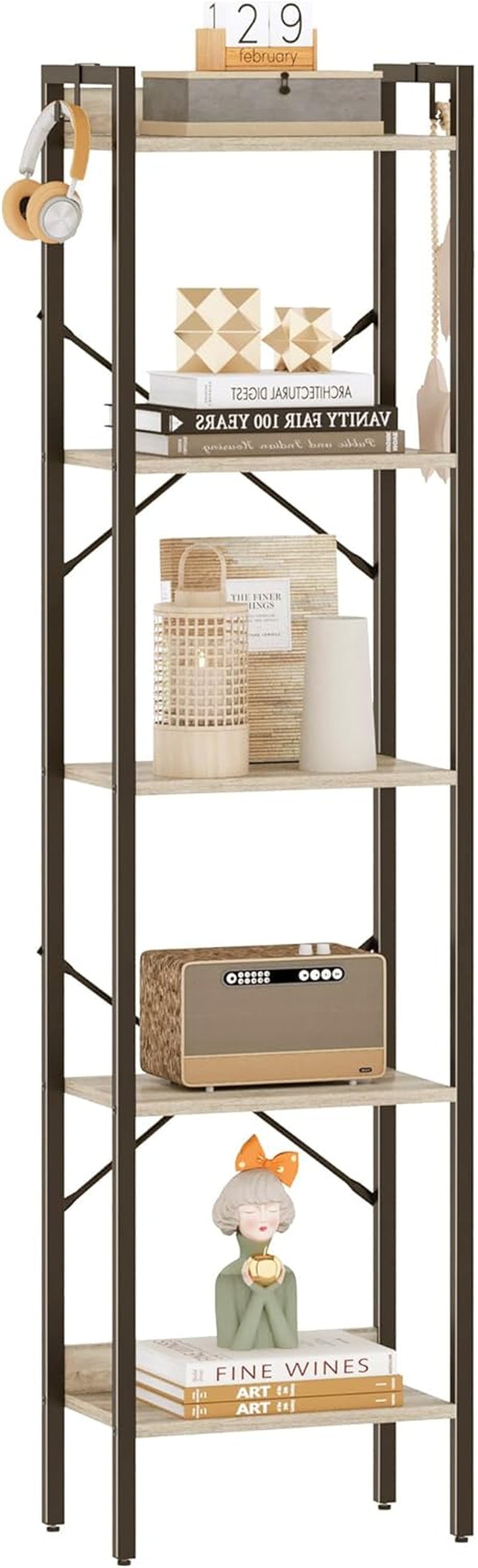Industrial 5-Tier Bookshelf with Hooks - Greige Corner Storage Organizer for Home Office, Living Room, Bedroom, and Kitchen
