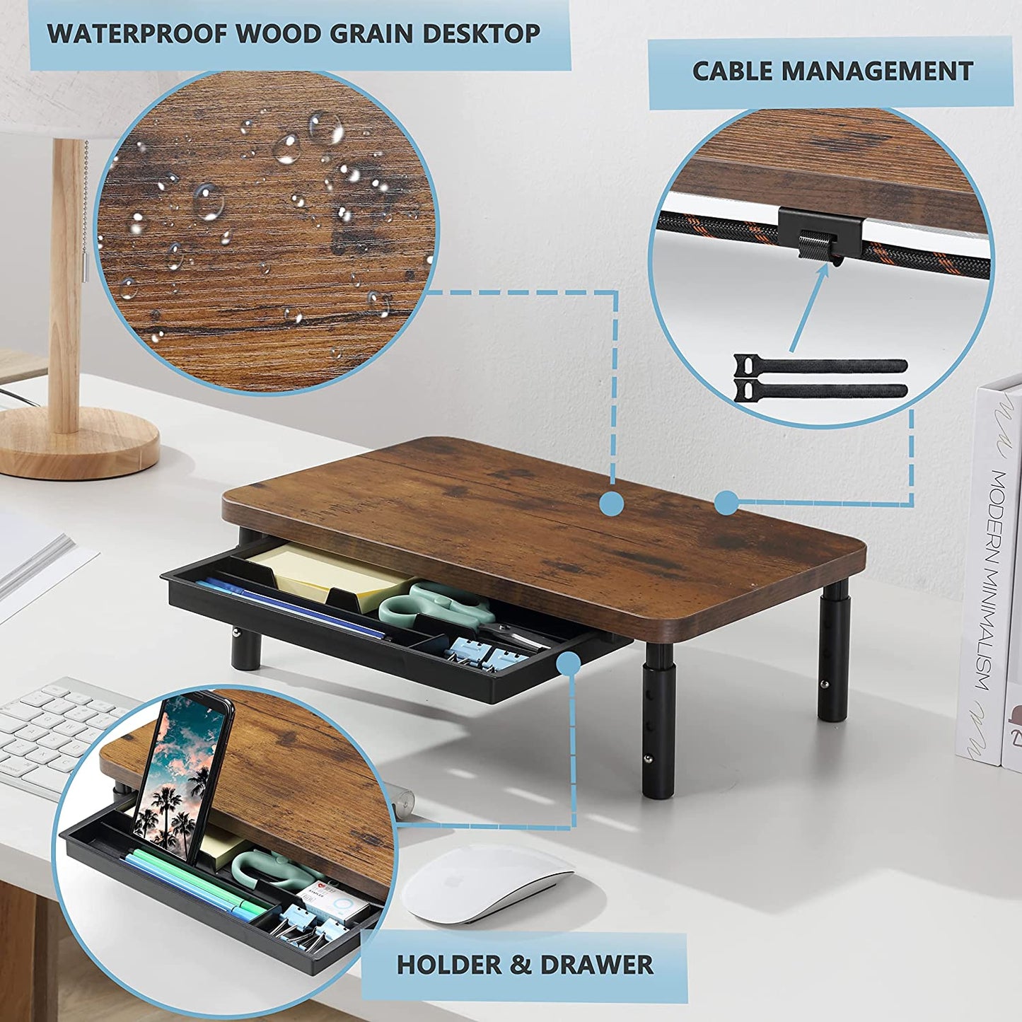 Height Adjustable Monitor Stand with Storage Drawer - Ergonomic Wood Desk Organizer for Office and Home
