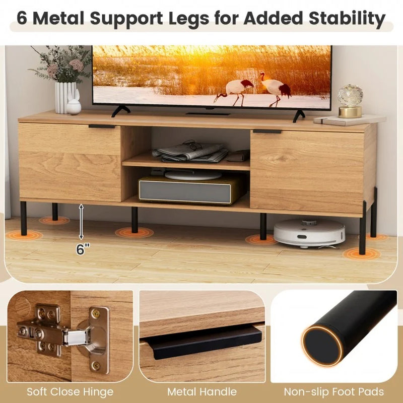 2-Door TV Stand with Integrated Charging Station and Open Shelving for TVs up to 65 Inches