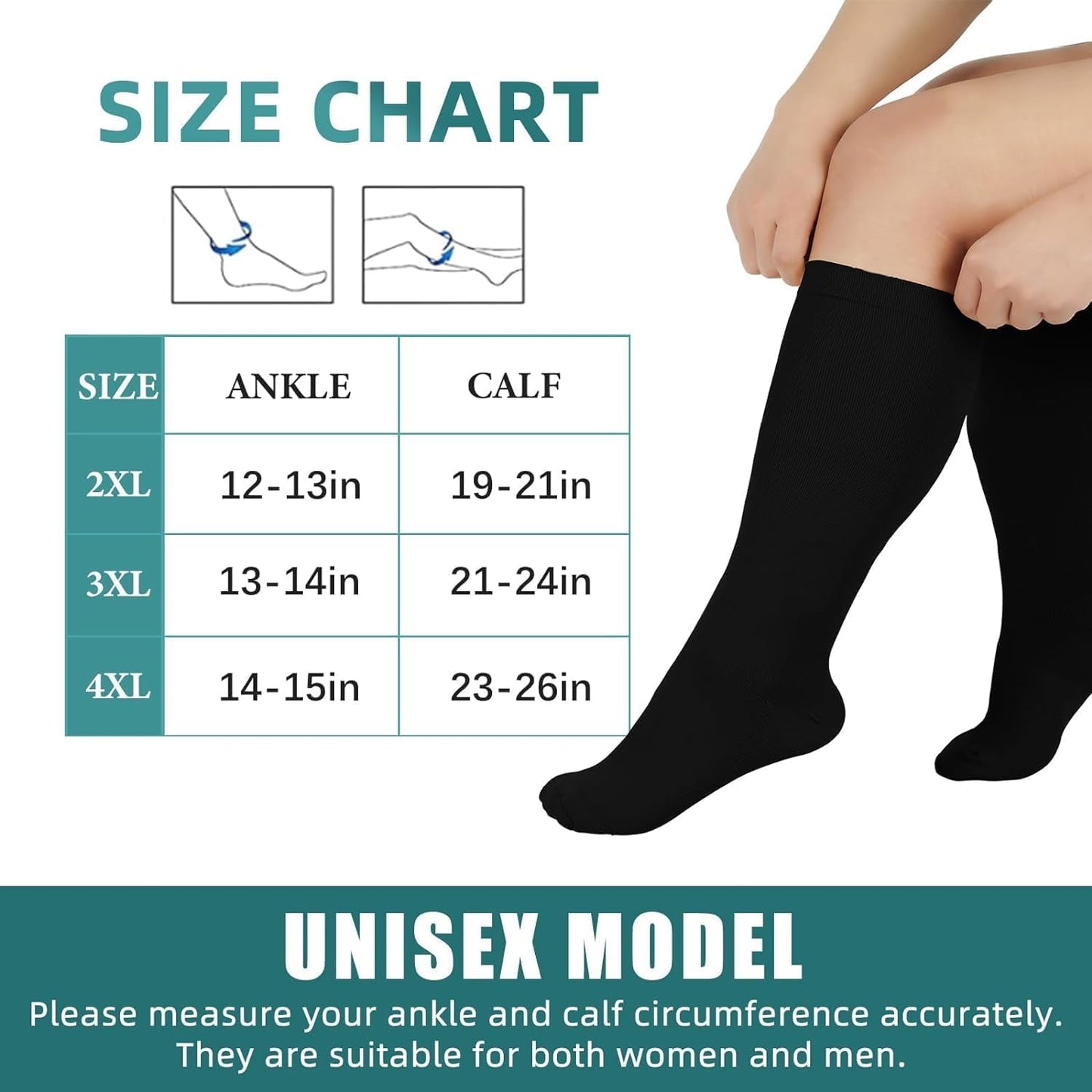 Plus Size Compression Socks (20-30 mmHg) for Men and Women, Extra Large Knee High Stockings for Wide Calves - 3 Pairs