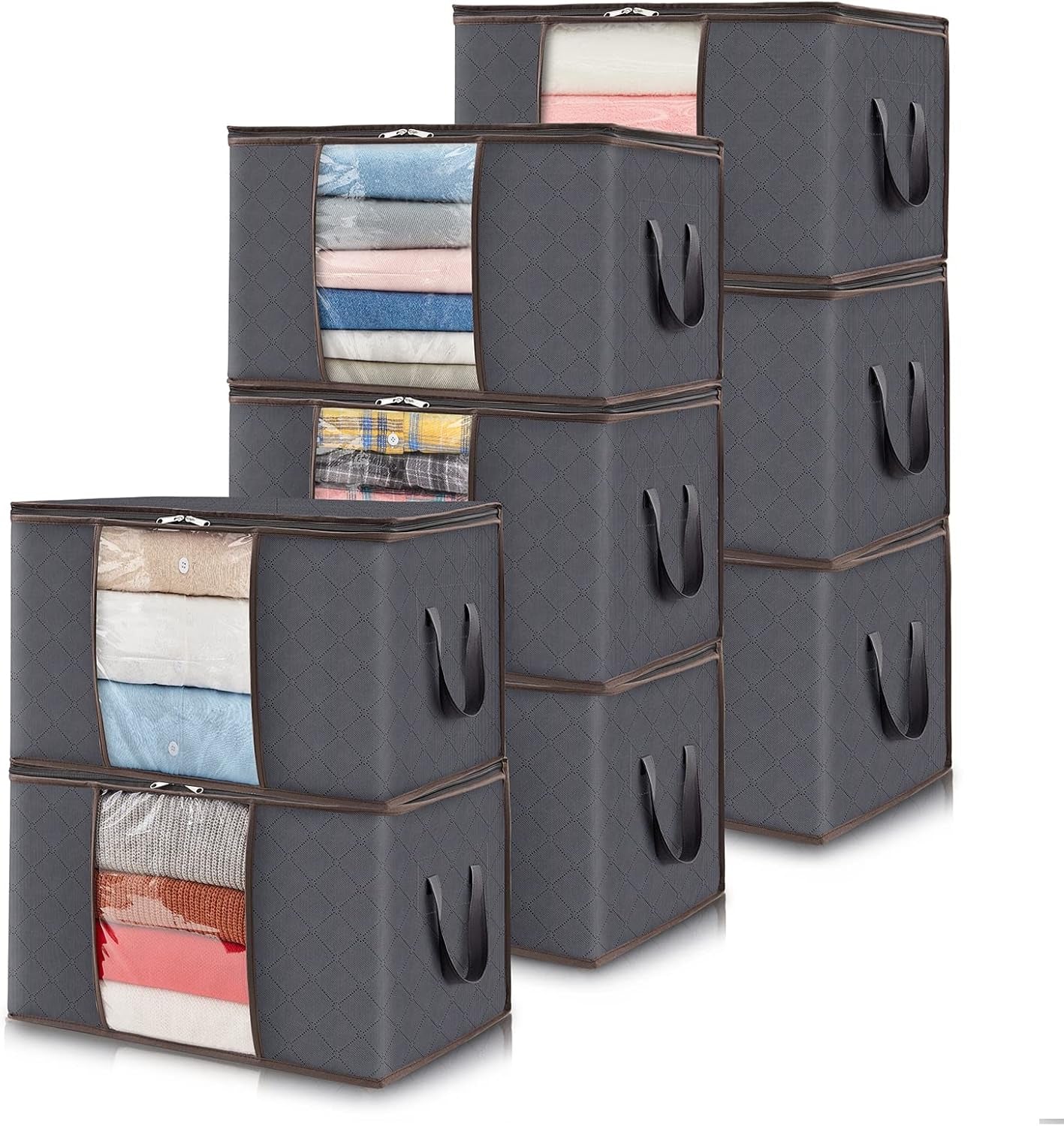 8-Pack Foldable Clothes Storage Bins - Reinforced Handles - Sturdy Zippers, Clear Window Design, Organizing