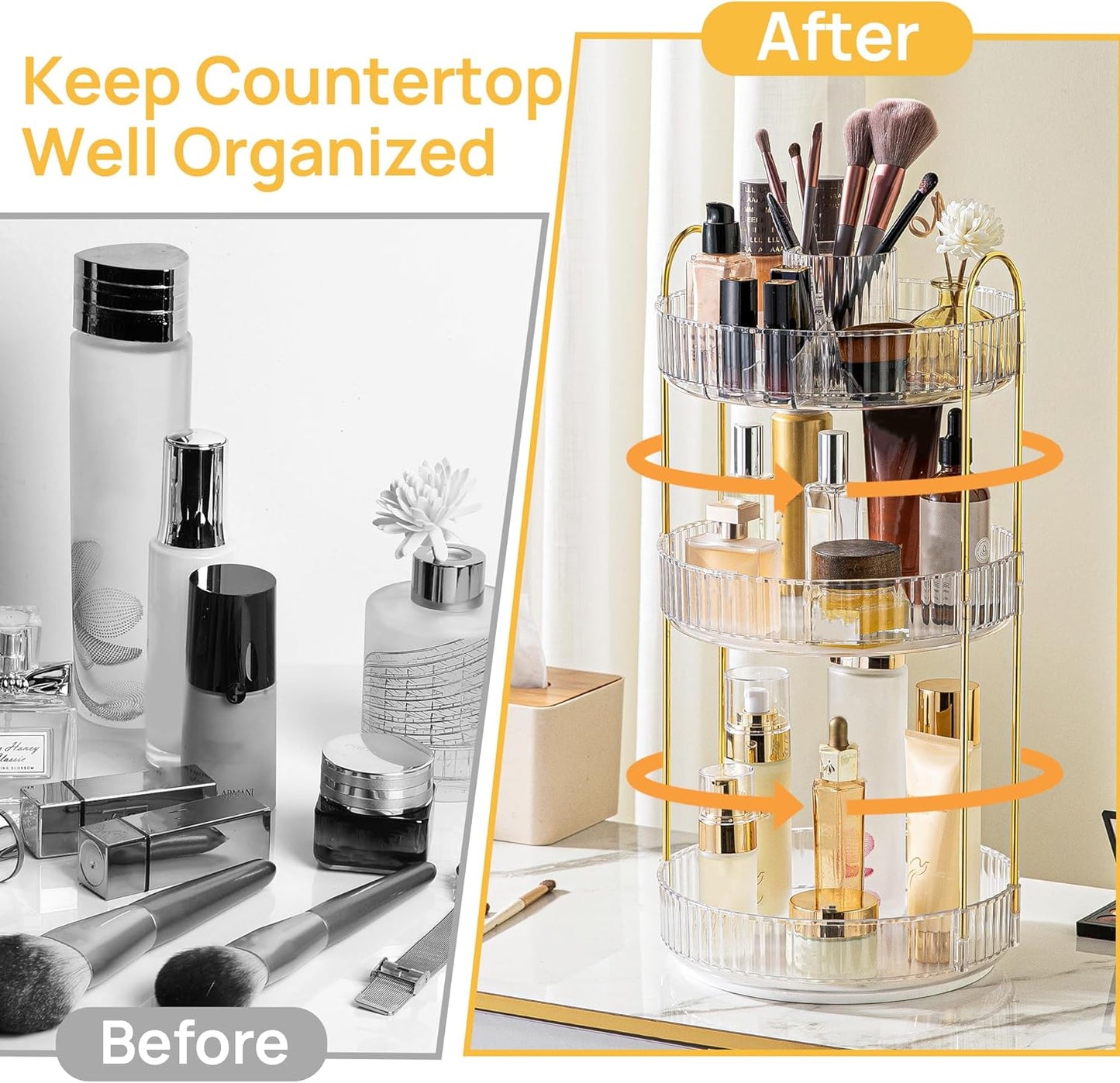 360° Rotating Makeup Organizer - 3-Tier Large Capacity Vanity and Bathroom Countertop Skincare and Cosmetics Storage Solution