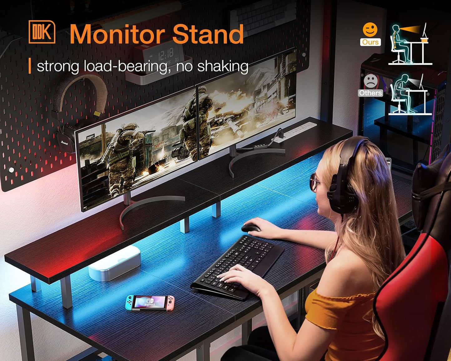 48-Inch Gaming Desk with LED Lighting and Power Outlet, Featuring Storage Shelves and Monitor Stand, Black