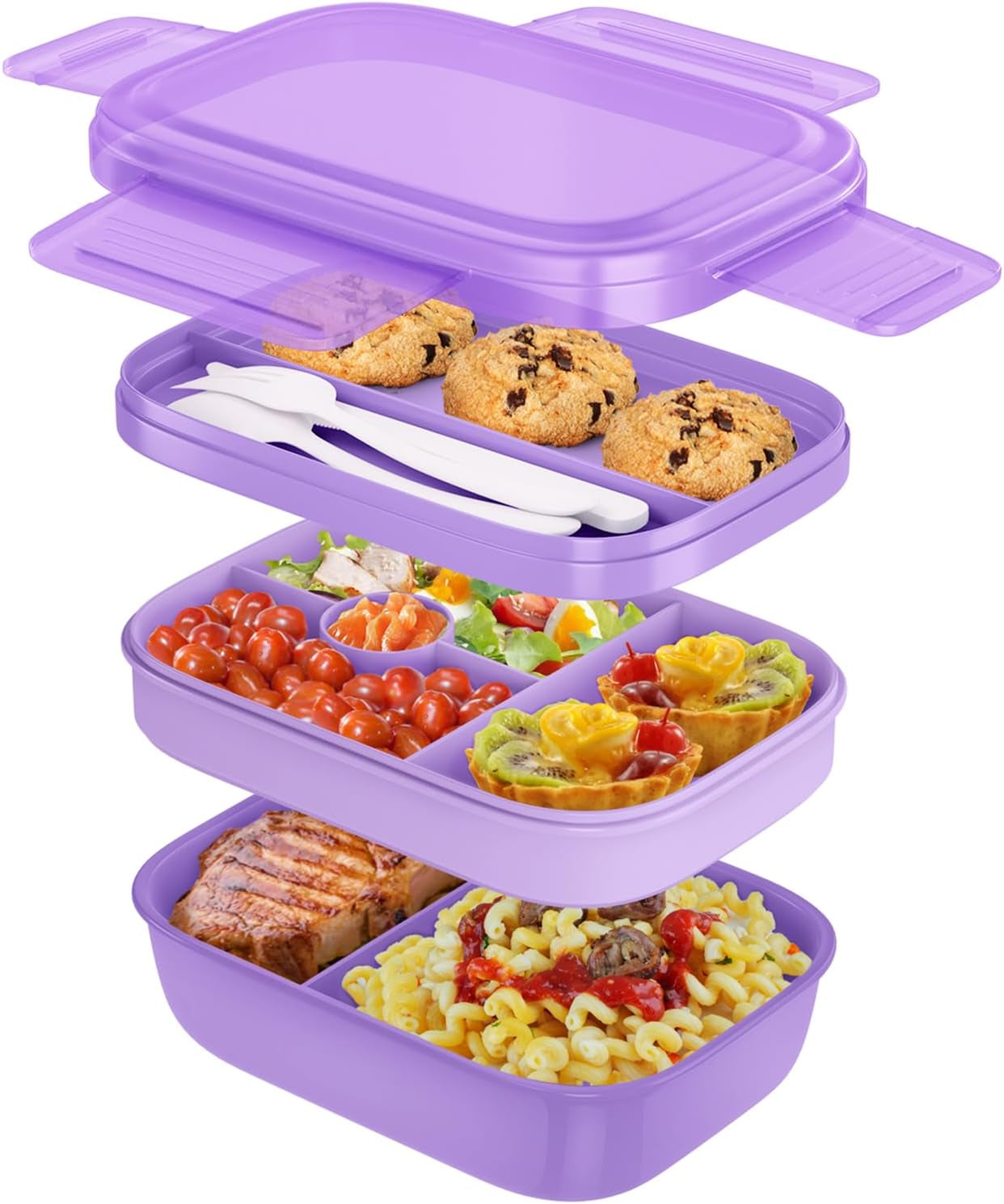 Stackable 3-Layer Bento Box Lunch Container for Adults and Kids, 1.9L Food Storage with Cutlery, 8.5" x 5.7" x 3.9" (Grey)