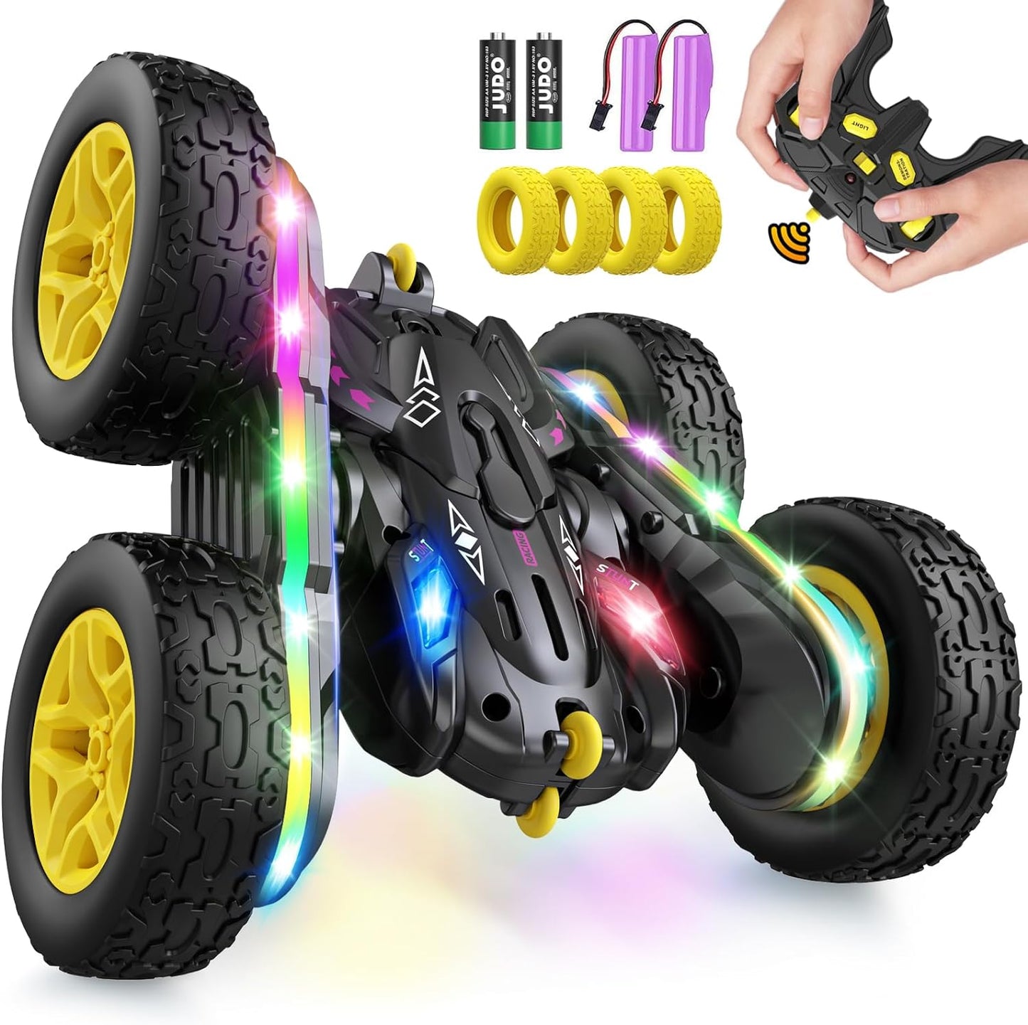 Remote Control Stunt Car-LED Light Strips, Headlights, 2.4GHz All-Terrain Double-Sided 360° Rotating RC Vehicle Ages 8+