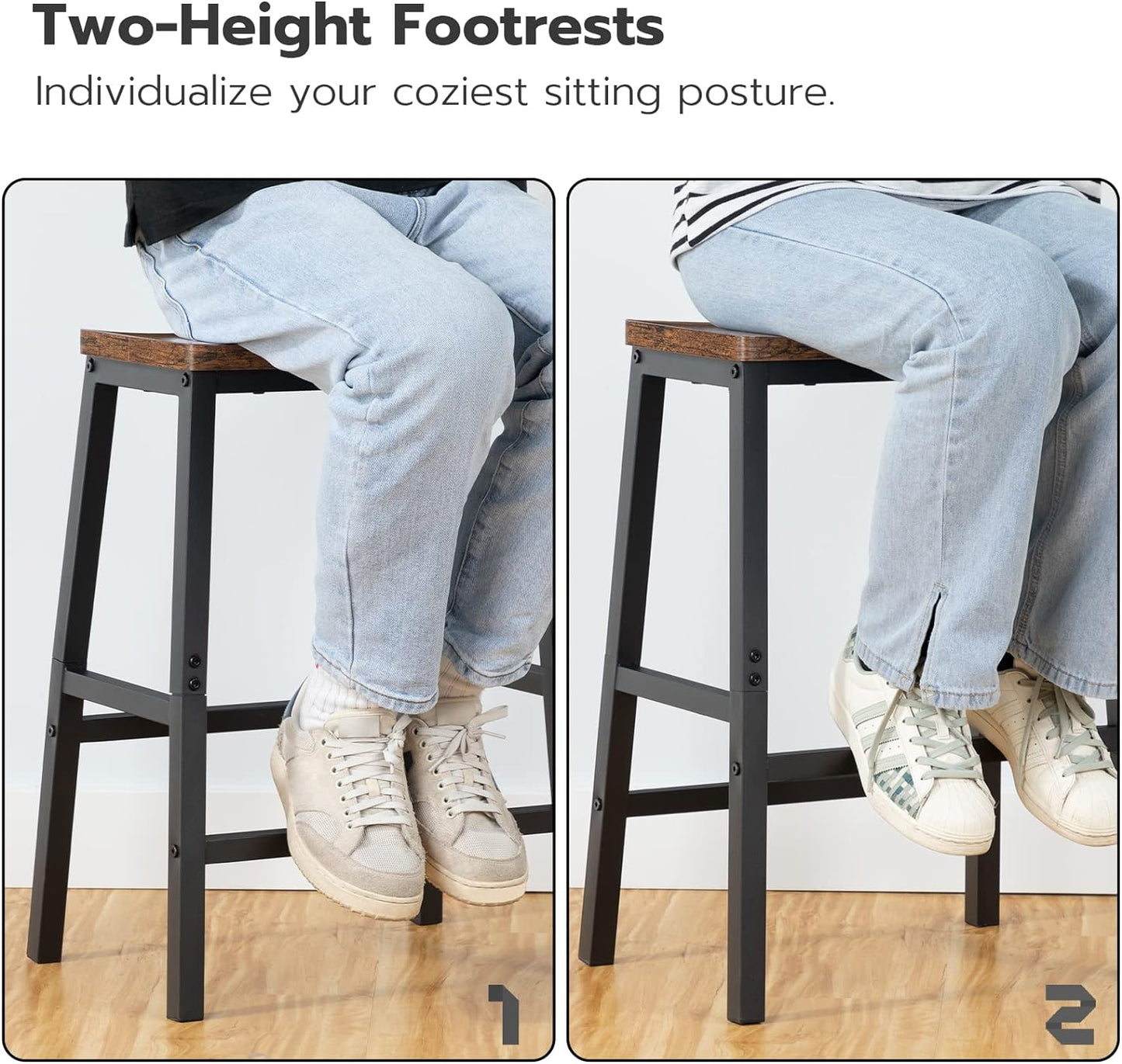 Set of 2 Industrial Saddle Bar Stools with Footrests in Rustic Brown and Black for Dining Room and Kitchen