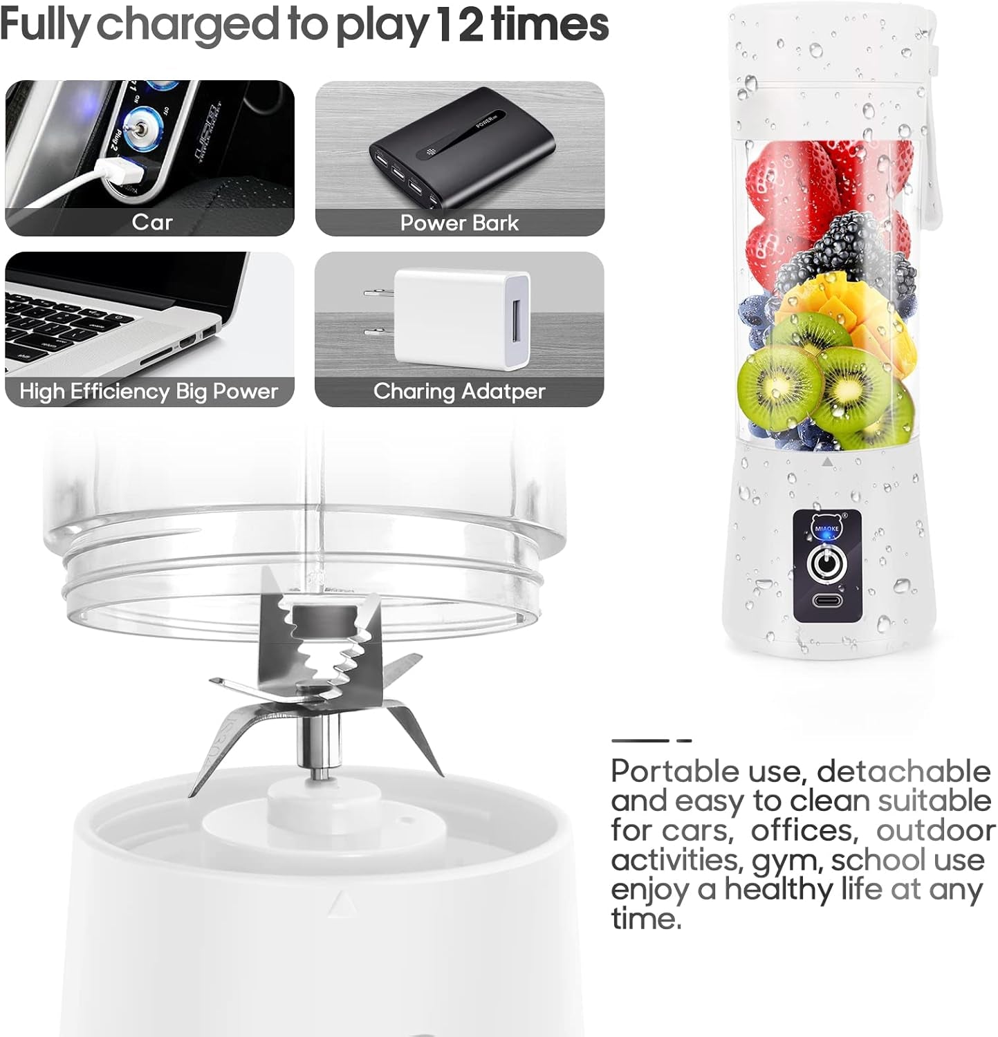 Portable USB Rechargeable Personal Blender with 3D Six-Blade Technology for Smoothies - White
