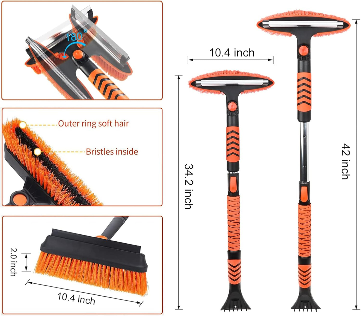 42-Inch Ice Scraper and Extendable Snow Brush - Foam Grip and 180° Pivoting Brush Head for Cars, Trucks, SUVs