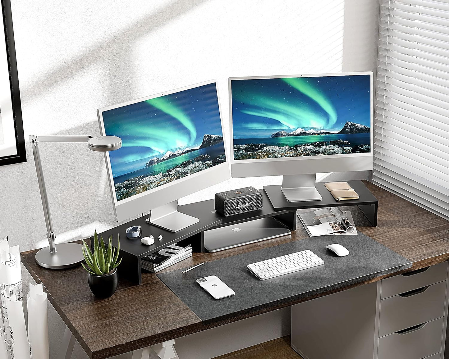 Dual Monitor Stand with Adjustable Length and Angle - 3-Shelf Wood Desktop Riser, Medium Black Office Accessory