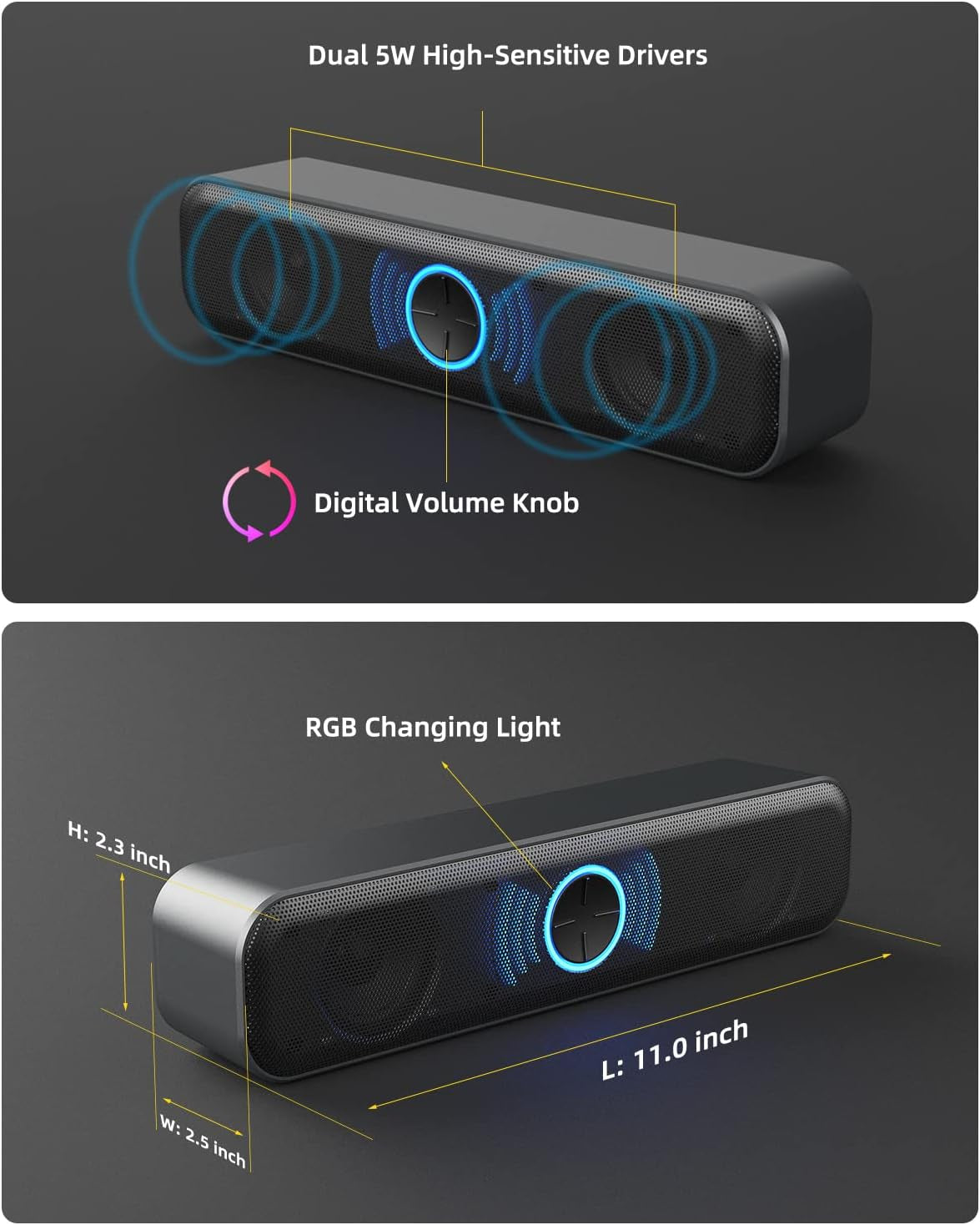 USB Desktop and Laptop Speakers with Enhanced Bass, Stereo Sound, Dynamic RGB Lighting, and Digital Volume Control
