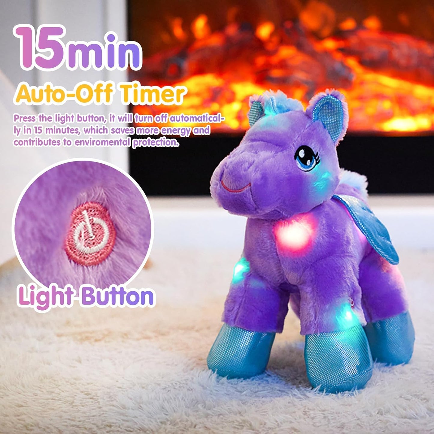 LED Pegasus Stuffed Animal Glow Unicorn Soft Toys, Nightlight Companion Gifts, 11'', Purple