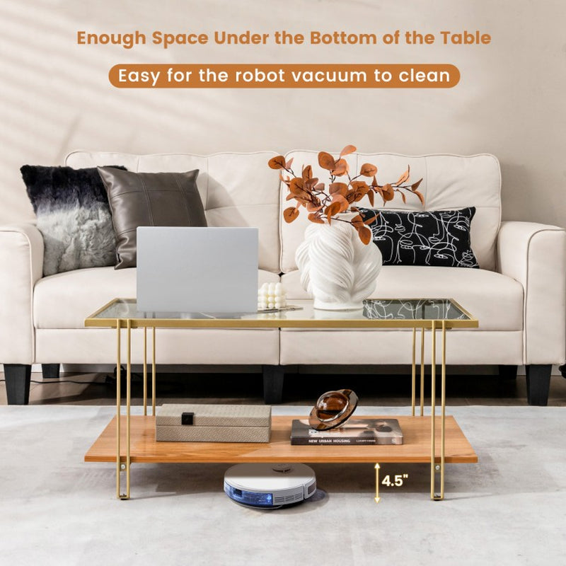Two-Tier Rectangular Glass Coffee Table with White and Gold Steel Frame