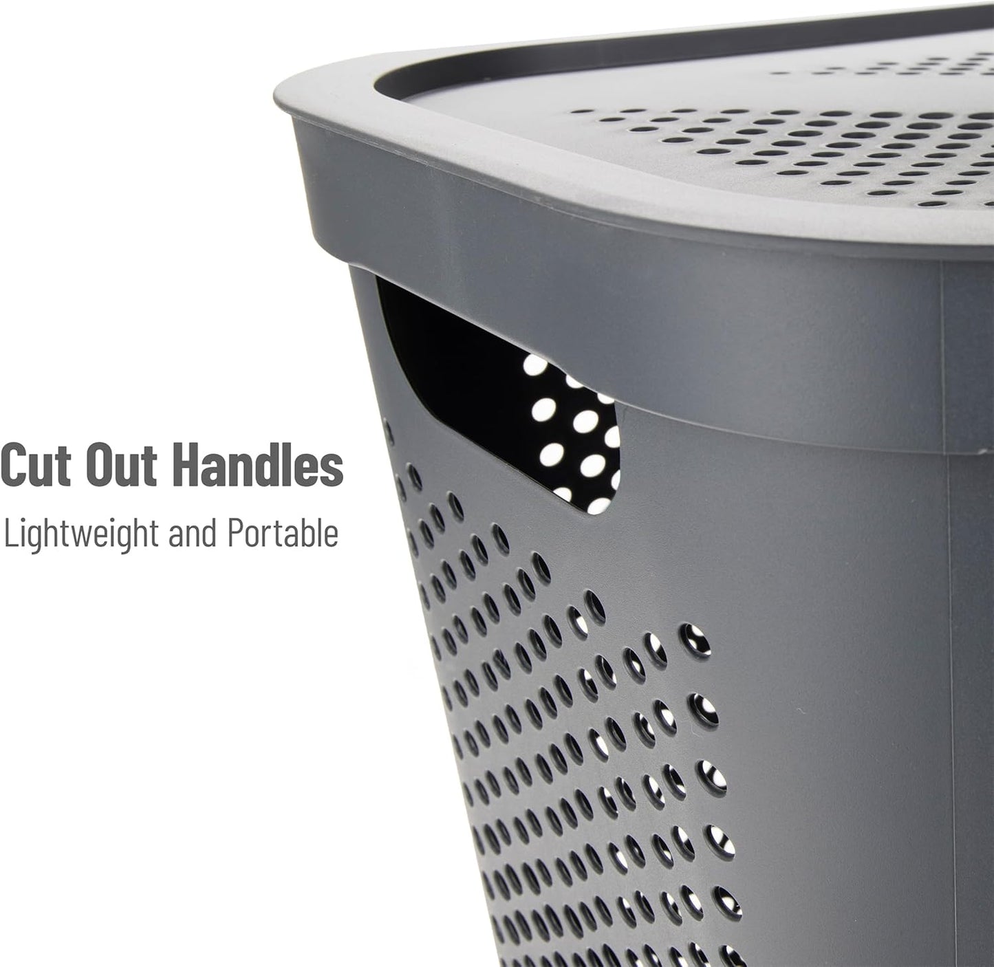 Basket Collection, Slim Laundry Hamper, 60 Liter (15G/33Lbs) Capacity, Cut Out Handles, Attached Hinged Lid, Ventilated, Gray