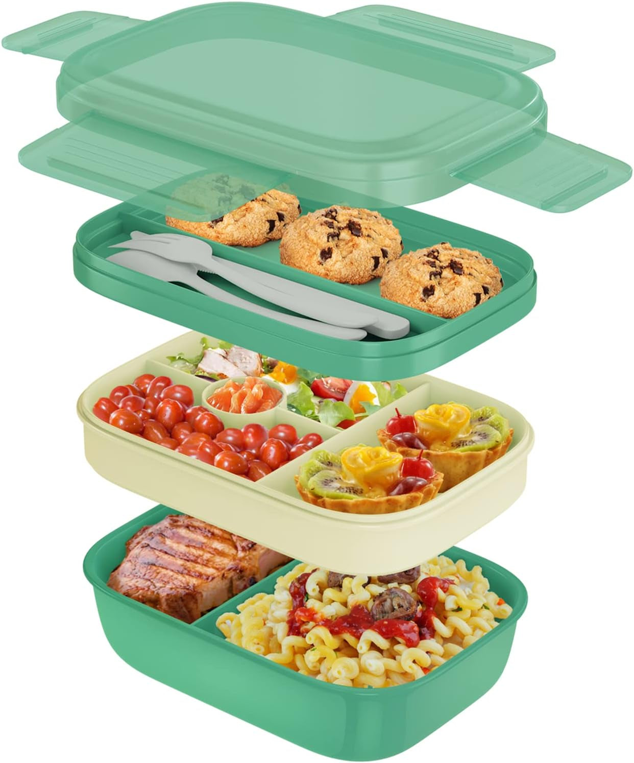 Stackable 3-Layer Bento Box Lunch Container for Adults and Kids, 1.9L Food Storage with Cutlery, 8.5" x 5.7" x 3.9" (Grey)