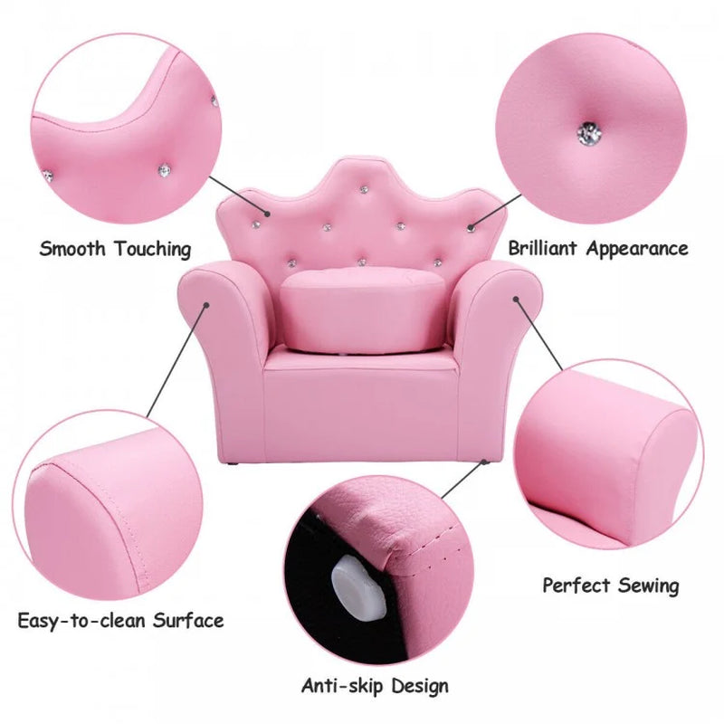 Upholstered Children's Princess Sofa Set with Ottoman and Diamond Accents for Boys and Girls