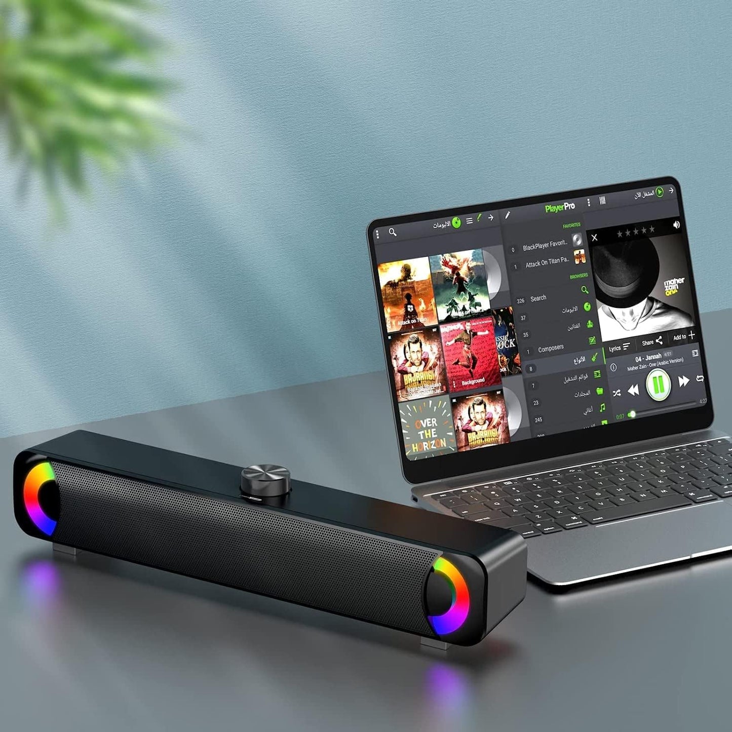 Wired USB Computer Speakers with RGB Lighting - External Sound Bar for Desktop and Laptop with 3.5mm AUX Connection, Plug and Play