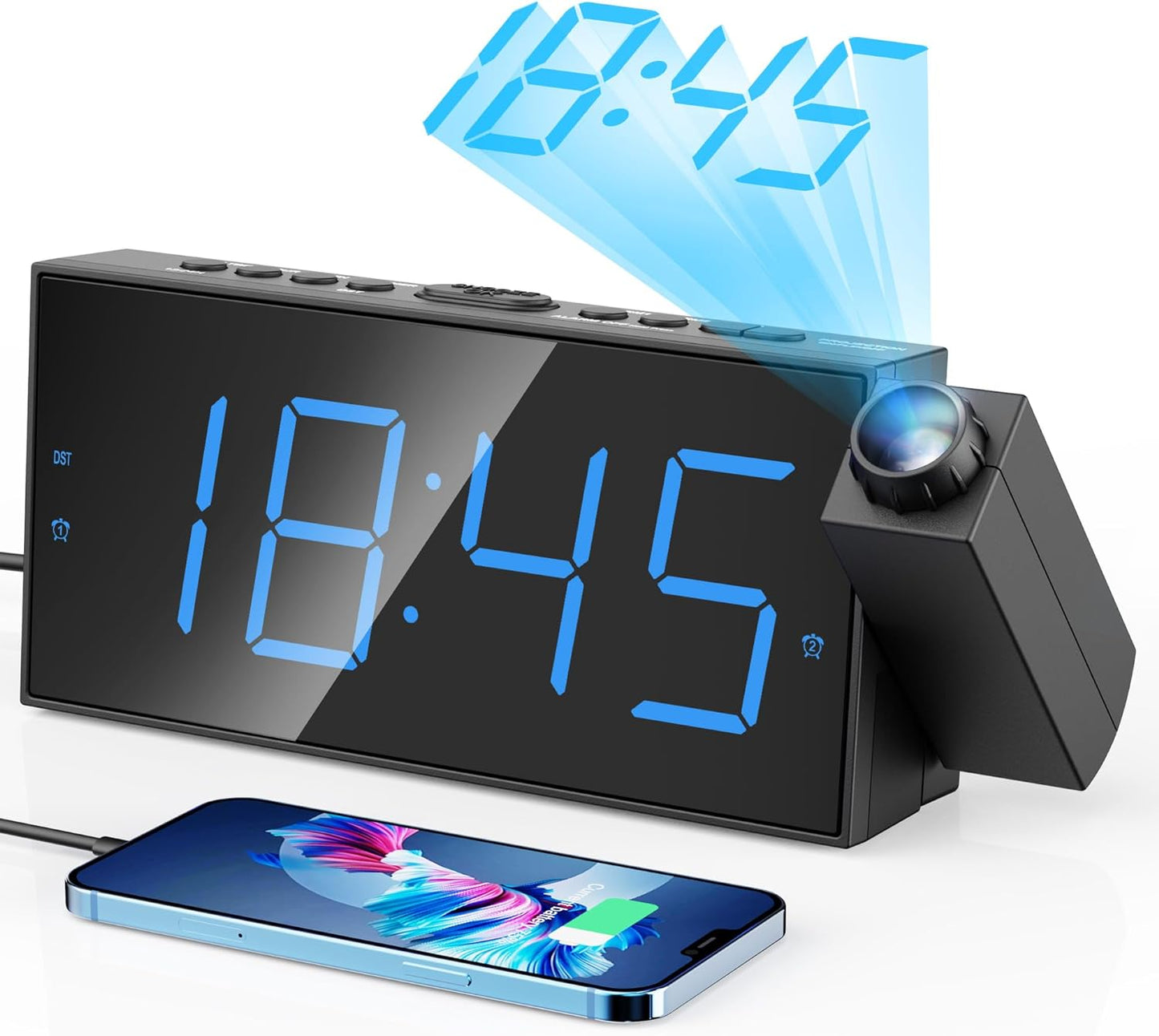 Projection Alarm Clock with 7" LED Display, Adjustable Dimmer, 5 Volume Levels, 9-Minute Snooze, Dual Alarm Functionality, USB Charging Port