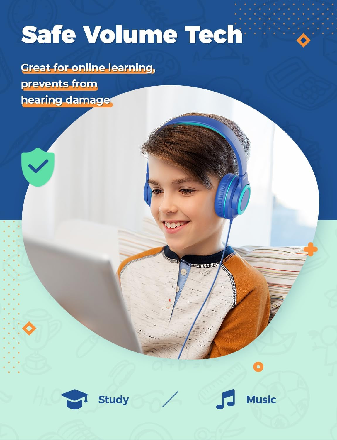 2-Pack Children's Headphones with Sharing Splitter - 94dB Volume Limiting - HS22 Wired Stereo Headphones for Kids and Teens, Tangle-Free 3.5mm Jack, Foldable Design for School, Tablets, and Travel