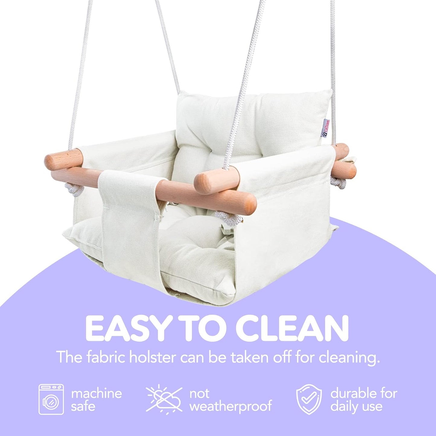 Ivory Canvas Baby Swing with Wooden Seat and Safety Belt - Durable Indoor/Outdoor Swing, Includes Mounting Hardware